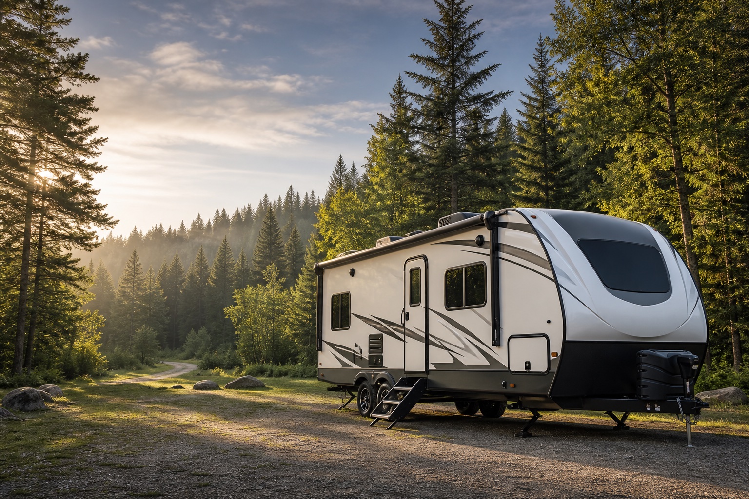 Travel trailer at a wooded campsite